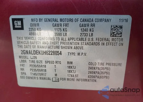 2017 Chevrolet Equinox Premier z USA, uszkodzony, nr VIN 2GNALDEK0H6228054